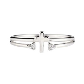 Niaspi Minimalist Cross Ring for Women Hypoallergenic Silver Plated Double CZ Bezel Fashion Chic Punk Cross Christian Religious Adjustable Band Finger Ring Crystal Crucifix Jewelry Gifts