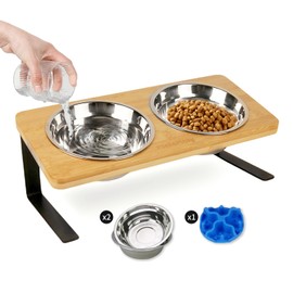 Elevated Cat Food Bowls with Slow Feeder, 10° Tilted Anti Vomiting Raised Cat Bowls for Food and Water, Whisker Friendly 6.3" Wide Bowl for Cats and Puppy(Holder 4.5" Height)