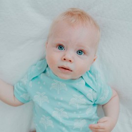 Organic Cotton Summer Short-Sleeve Onesie - Palms and Pineapples in Island Water Green, 6-12 MTHS