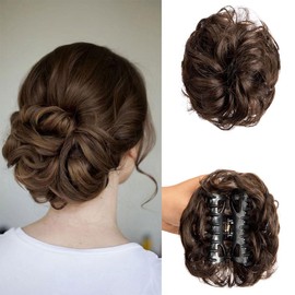 Claw Clip Messy Bun Hair Piece Tousled Updo Hair Buns Extension Elastic Hair Band Curly Hair Bun Scrunchie For Women (Medium Brown)