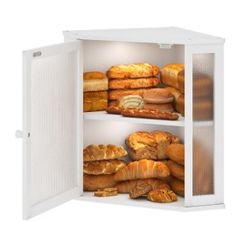 Furshus Corner Bread Box for Kitchen Countertop,Bread Storage for Homemade Bread, Double Layer Large Bamboo Kitchen Storage Bin with Window (White, Large)