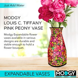 MODGY Expandable Flower Vase, Plastic Decorative Modern Foldable Printed Vases for Centerpieces for Wedding, Dining Table, Home Decor, Living Room, Bathroom, Louis C. Tiffany Pink Peony
