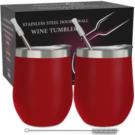 CHILLOUT LIFE 12 oz Stainless Steel Wine Tumblers 2 Pack - Double Wall Vacuum Insulated Wine Glasses Cups with Lids and Straws Set Keeping Cold & Hot for Coffee, Beer, Ice Cream - Powder Coated Red
