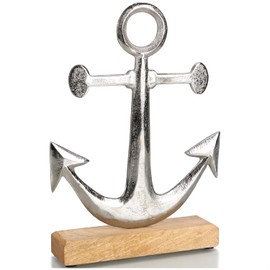 com-four® Decorative Stand Anchor – Decorative Ship Anchor Made of Metal on Mango Wood Base – Maritime Metal Anchor for Standing and Decorating (Silver/Brown Anchor, Pack of 1)