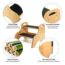 Ollieroo Bamboo 2 Step Stool, Heavy Duty Kids Step Stool with Non-Slip Stepping Surface, Stepping Stool for Kids Adults, Toddler Step Stool for Bathroom Sink Kitchen Counter Bedside(Natual)