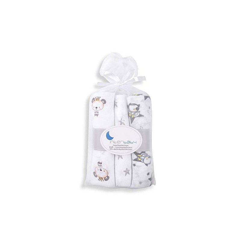 Interbaby 99980-31 Pack of 3 Gauze Muslin Cloths, Grey, 200