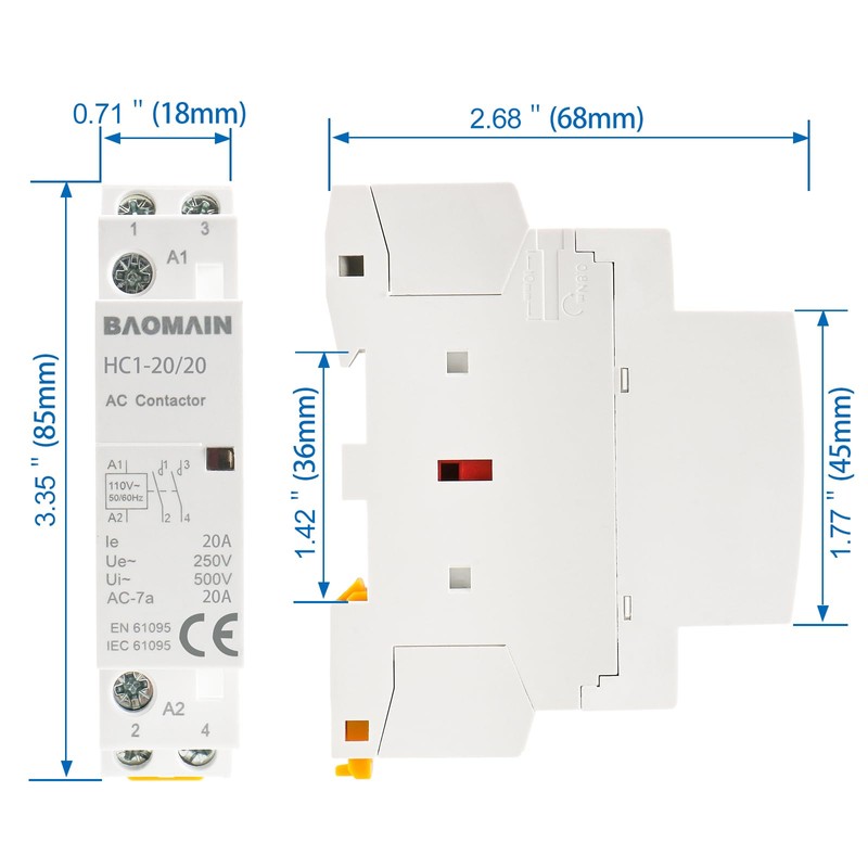 Baomain 110V AC 2-Pole Modular Contactor, 20A 2NO Normally Open,