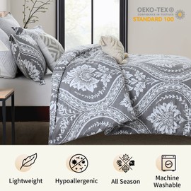 Bedduvit Gray Damask Duvet Cover King Size - 100% Cotton King Duvet Cover Set, Breathable Cozy Paisley Pattern Bedding Comforter Cover Set with Zipper Closure & 8 Ties, 90"x90"