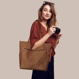 Kememo Corduroy Tote Bag for Women with Zipper, Large Shoulder Bag Hobo Handbag Tote Purse for Work Shopping Travel Gym Vacation, Brown