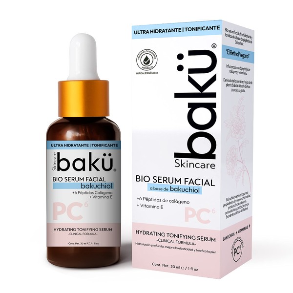 Hidratante Facial Serum: Acido hialuronico facial + Bakuchiol + 6 péptidos de colágeno + vitamina E. Suero día y noche. Skin Care Bakü retinol vegano