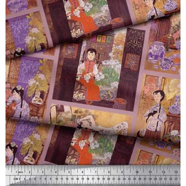 Soimoi Polyester Crepe Fabric Flower Vase,Cat & Girl Patchwork Print Fabric by The metre 52 Inch Wide