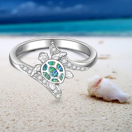 Turtle Ring Sterling Silver Abalone Shell Ocean Wave Cute Animal Sea Turtle Rings for Women Jewelry Mothers Day Longevity Gifts Size 10