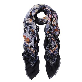Elegant Large Vintage Floral Design Frayed End Scarf Wrap, Black