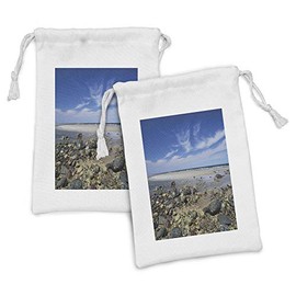 Ambesonne Massachusetts Fabric Pouch Set of 2, Plum Island Beach with Sand and Rocks at Low Tide Atlantic Ocean Nautical, Small Drawstring Bag for Toiletries Masks and Favors, 9" x 6", Multicolor