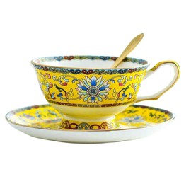 YBK Tech Cup& Saucer Set Bone China Tea Coffee Cup for Breakfast Afternoon Tea- Classic Enamel Patterns (Yellow)