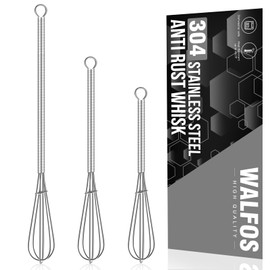 Walfos Small Whisk,304 Stainless Steel Mini whisk,5+7+10in Tiny Whisk for Whisking, 5.7in Long-Handle Silver Espresso Whisk,Blending Ingredients, Mixing Sauces.Ideal for Commercial & Home Use.(3pcs)