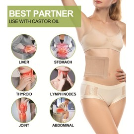 STFOCE 10pcs Castor Oil Pack Wrap, Portable Self-Adhesive, Disposable Castor Oil Pack Organic Cotton for Stomach, Liver, Belly & Entire Body, No Leaks, No Irritation, Stick Overnight (Kahaki)