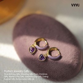VYYU Purple Earrings for Women Girls - Small 9mm Inner Diameter Heart Drop Earrings with Shiny Purple Crystal, Hypoallergenic 14K Gold Hoops Dangle Womens Jewellery Christmas Anniversary Birthday