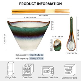 HENXFEN LEAD Ceramic Japanese Ramen Noodle Bowls Set of 2 - Deep Soup Bowls with Spoons, Chopsticks and Holder, 20 Oz Serving Dishes for Pho, Udon Noodle, Cereal - Reactive Green