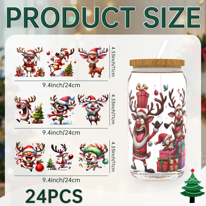 24PCS Christmas Deer UV DTF Cup Wrap Stickers