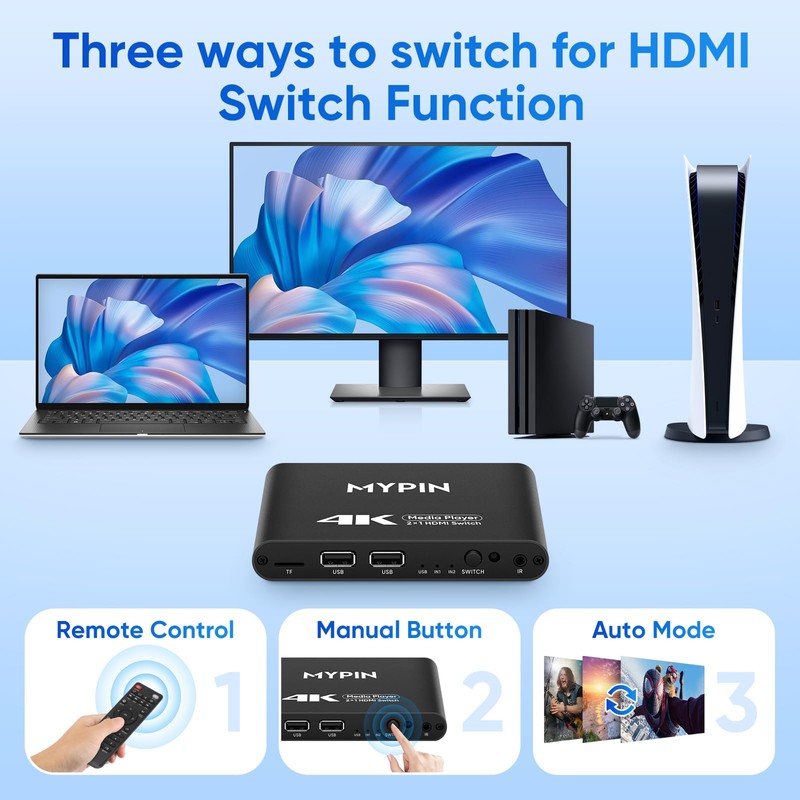 4K@30 Media Player with 2 in 1 Out HDMI Switch