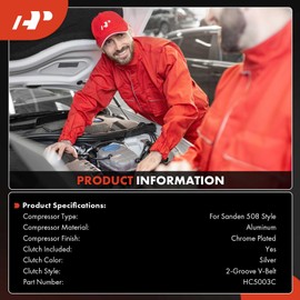 A-Premium Fit for Sanden 508 2PK Style, Universal A/C Compressor with Clutch, 2 Groove V-Belt, Chrome Plated Aluminum Housing