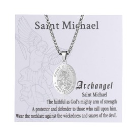 Flonge Charm Saint Christopher Necklace: Catholic St Michael Pendant Medal Necklace Amulets Jewelry Gifts for Men With Card Silver
