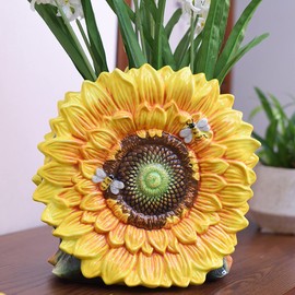 FORLONG Large Ceramic Flower Vase, Hand-Painted Sunflower and Bee Home Decor Bouquet Holder-10H Inches