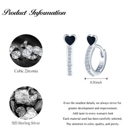 CONILOK Black Heart Zircon Earrings Silver 925 Hoop Earrings Silver Women's Jewellery Earring Small Gifts for Women Girls Best Friend Mother Birthday Wedding Christmas Day Valentine's Day, Silver,