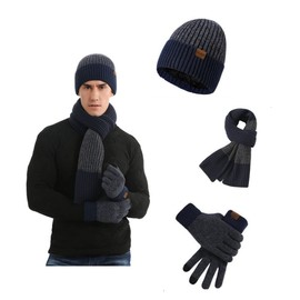 3 Piece Men's Beanie Hat Scarf and Touch Screen Gloves Set Winter Thermal Elastic Thicken Warm Fleece Inner Lining Knit Beanie Cap Winter men's Accessories (Navy)