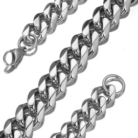 GZMZC Cuban Link Chain Necklace or Bracelet Silver Curb Chain for Men Stainless Steel Hip Hop Miami Curb Chains(10mm,7.5")