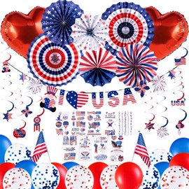 SUNBEAUTY 4th July Party Decorations American Flag Navy Blue Red Paper Fans Set Pom Poms Star Streamer Hanging Swirls American Party Decorations for 4th July Party Birthday Wedding Graduation