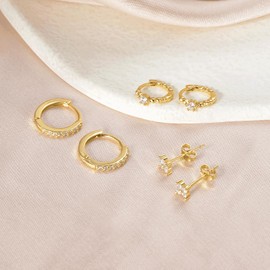 SILBERTALE Set of 3 Pairs of Earrings 925 Silver Mini Gold Hoop Earrings with Balls Wide Hoop Earrings Small Zirconia Stud Earrings Girls Women, Sterling Silver