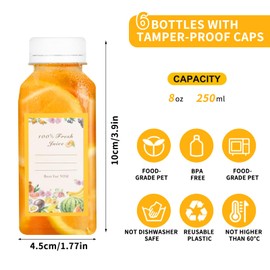 winbest 6PCS 250ml Plastic Bottles With Lids 250ml/8oz Reusable Small Plastic Juice Bottles With Lids, Brush Mini Fridge Bottle for Juice Milk Water Beverages