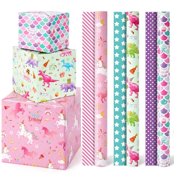 WERNNSAI Girls Reversible Wrapping Paper Rolls - 3 Rolls 17”