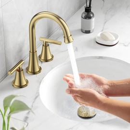 Bathroom Faucets for Sink 3 Hole, Hurran Brushed Gold Bathroom Sink Faucet with Pop-up Drain and Supply Lines, Stainless Steel Lead-Free Widespread Faucet for Bathroom Sink Vanity RV Farmhouse Sink