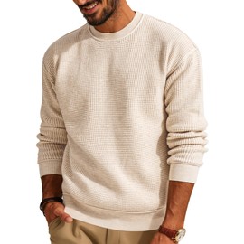 PJ PAUL JONES Men Sweater Crewneck Waffle Sweaters Casual Knit Pullover Sweater for Men Apricot