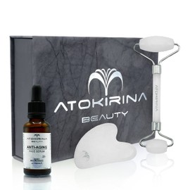 ATOKIRINA Schönheitsset, Anti-Falten, Anti-Aging, Rolle aus weißer Jade und Gua Sha mit Konzentrat aus Hyaluronsäure, 3P, Natursteine, für Massage des Gesichts, Augen und Dekolleté – hergestellt in