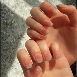 Press on Nails Short Glossy Peach-Pink to Mint Ombre False Nails Glossy Bling Fake Nail Tips Artificial Manicure for Women and Girls – 24pcs with Glue Kit (Peach-Pink)