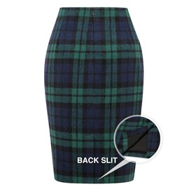 Green Plaid Skirts for Women Fall Winter High Waisted Bodycon Midi Wool Knee Length Skirt with Slit(Green, M)
