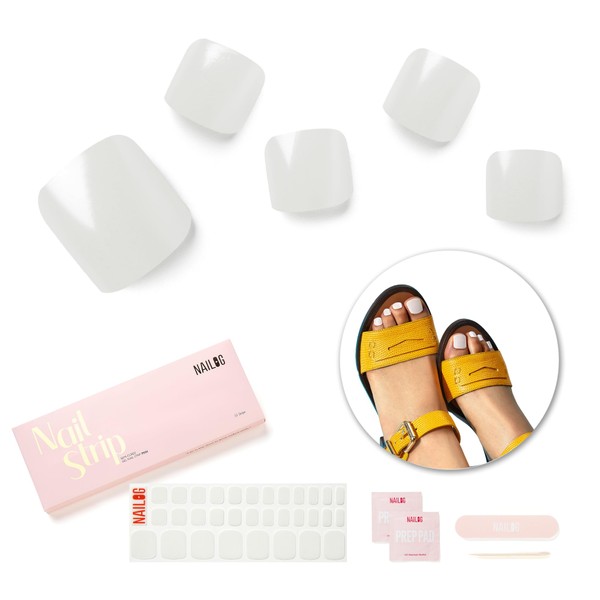NAILOG Foot Semi-Hardened Gel Nail Stickers (32 Pieces), Foot, Nail Seal, Cured Type, Long Lasting, Salon Quality, Nail Stickers, Nail Kit, One Color, Solid Color, Clean Gloss, White | Pearl White