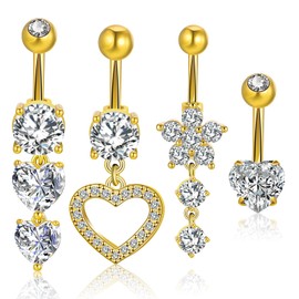 ViEinkaufen 4Pcs Gold Belly Button Ring Stainless Steel 10mm Belly Button Bars Heart Flower Dangly Belly Button Piercing for Women Navel Button Rings Jewelry