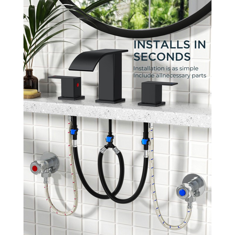 FORIOUS Square Matte Black Bathroom Faucets 3 Hole, Waterfall 8