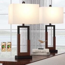 Maxax 30" Farmhouse Table Lamps Set of 2 for Living Room, Modern Black Bedside Lamps with USB & Type-C Port, 3-Way Dimmable Wood Bedroom Lamp with White Rectangular Lampshade for Nightstand