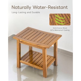 Upolana Outdoor Shower Bench, 20" Solid Acacia Wood Shower Stool Waterproof Shower Seat with Storage Shelf for Bathroom - SB001
