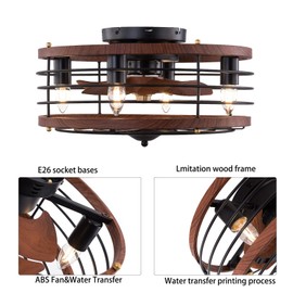 TFCFL Caged Ceiling Fan with Lights Remote Control, 18 Inch Semi Flush Mount Bladeless Fandelier Fan, Farmhouse Low Profile Fan, 6 Speeds, Time Function for Bedroom Kids Room (Brown)