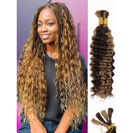 Ombre Braiding Hair 100g 20 Inch P4/27 Deep Wave Honey Blonde Braiding Hair Highlight Water Wave Bulk Human Hair 100% 10A Brazilian Ombre Brown Human Bariding Hair for Boho Braids Human Braiding Hair