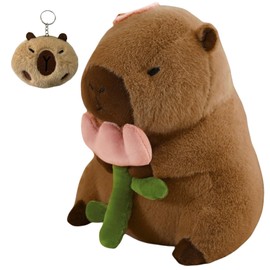 JZNEXD 12 Inch Capybara Plush Toy Large Cute Capybara Stuffed Animal Soft Peluche Capybara Plushie Pillow with Keychain Set for Kids Boys Girls (Flower)