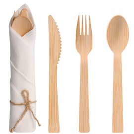 Pre Rolled Napkin and Bamboo Cutlery Set - 30Pack Bamboo Utensils/Cutlery Set(30 Forks, 30 Knives, 30 Spoons, 30 Napkins), Biodegradable Wrapped Cutlery for Party, Wedding, Events