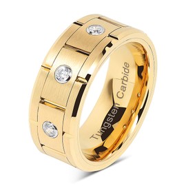 100S JEWELRY Tungsten Rings For Mens Gold Wedding Bands 3 CZ Inlaid Jewerly Size 8-15 (13.5)